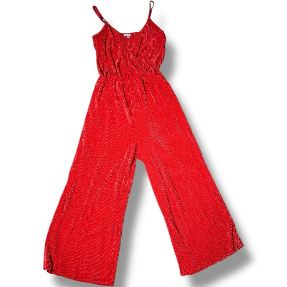 love, Fire Vibrant V Neck Wrap Style Top Sleeveless Flowy Red Wide Leg Jumpsuit - Picture 6 of 15